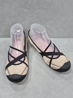 BC Footwear ballet flats women's 7.5 tan satin black criss cross stretchy straps
